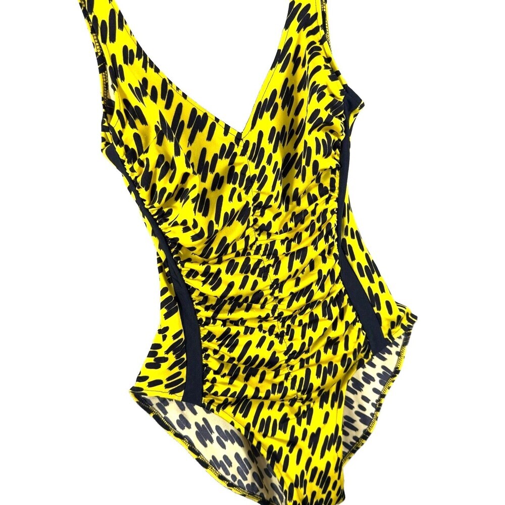 Vintage Catalina One Piece Swimsuit Sz 12 Yellow Black Abstract Ruched Made USA - Picture 4 of 10